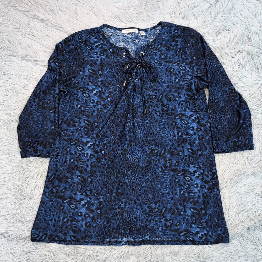 Notations Shirt Womens M Petite Blue Top Animal Print Casual Comfort Blouse